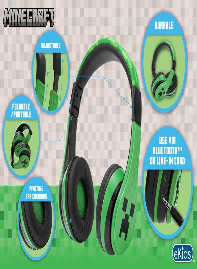 eKids Minecraft Kids Bluetooth Headphones, Wireless Headphones with Microphone Includes Aux Cord, Volume Reduced Kids Foldable Earphones - Image 2